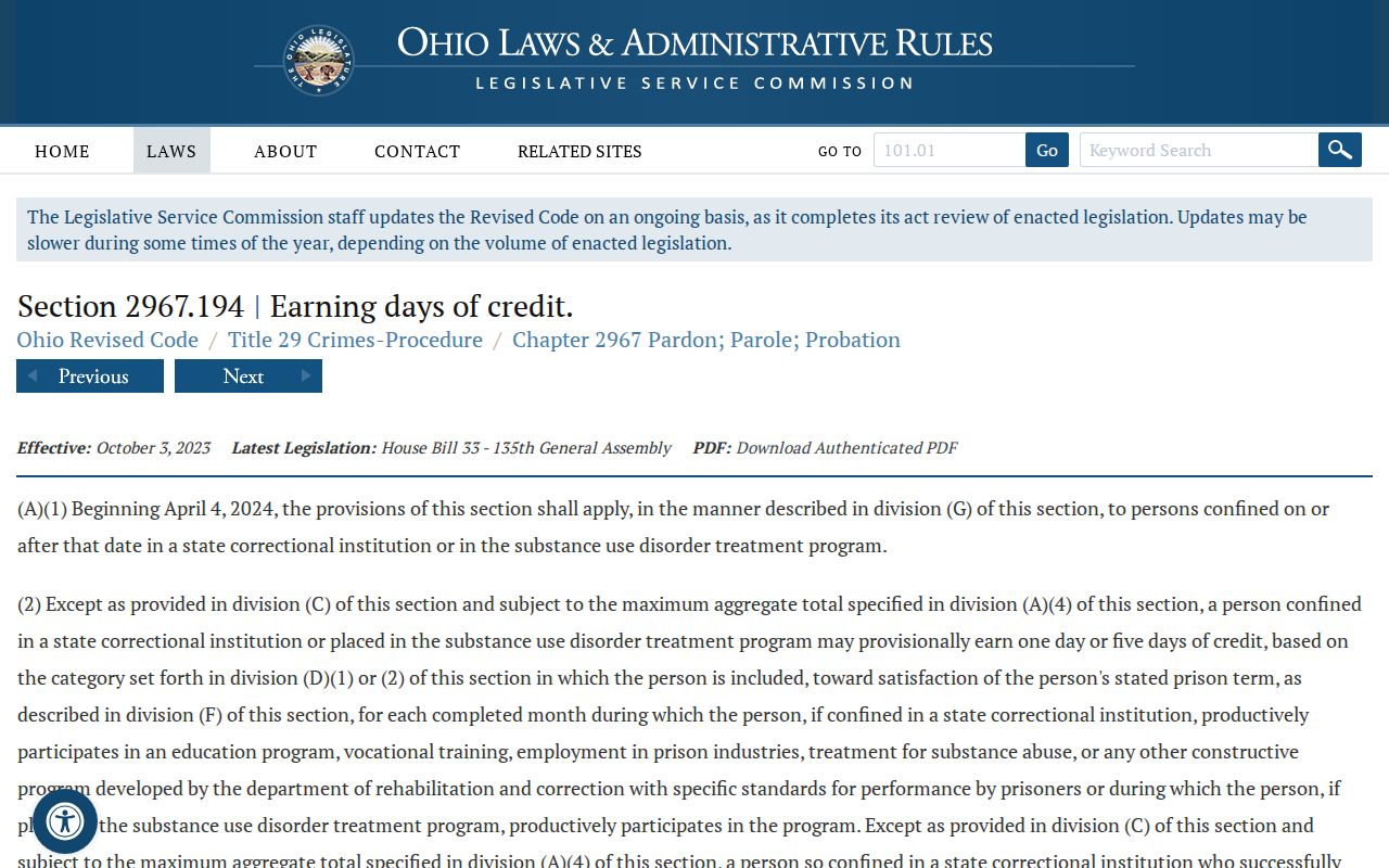Ohio earned-credit statute used in Scioto County release date calculation