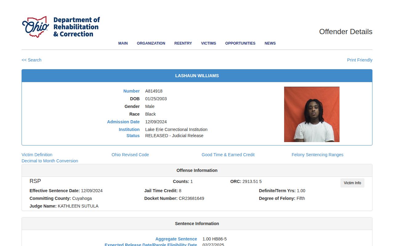 Scioto County projected release date fields on an ODRC judicial release record