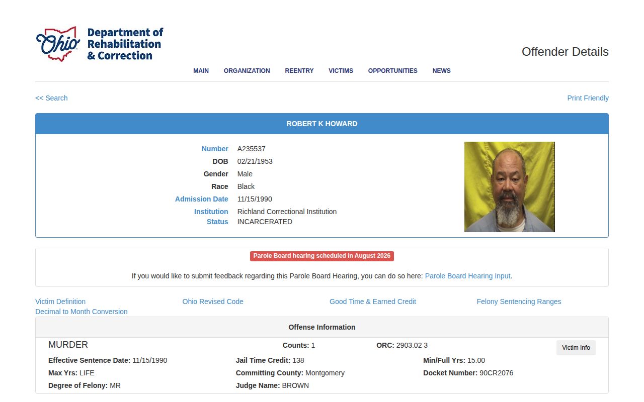 Scioto County parole eligibility and continued hearing fields in ODRC