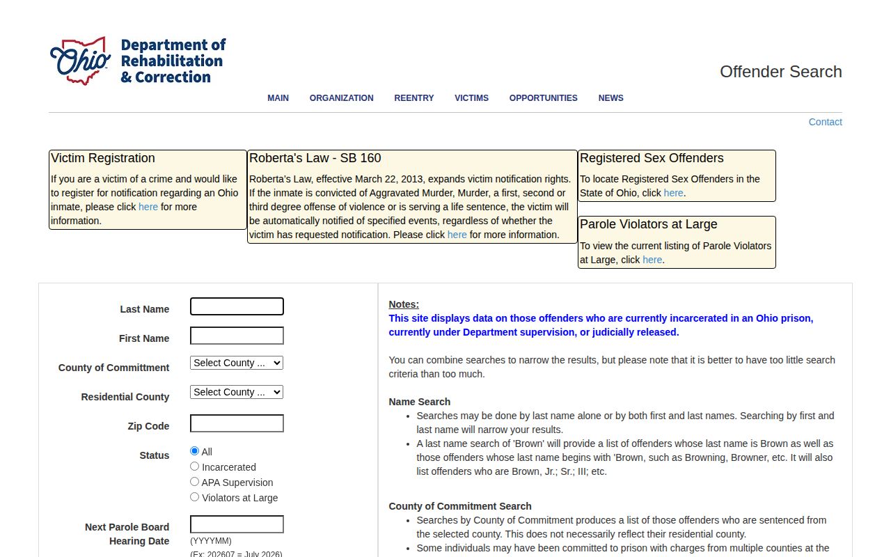 ODRC form for a Scioto County projected release date search